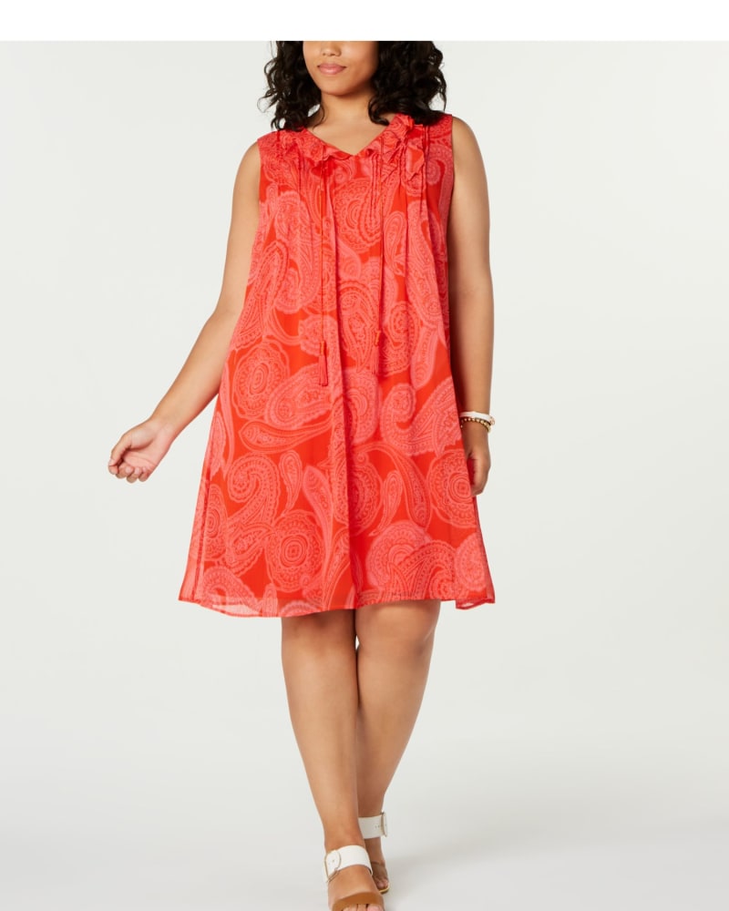 Front of a model wearing a size 2X Tommy Hilfiger Women's Plus Paisley Print Tassel Tie Dress Orange Size 2X in Orange by Tommy Hilfiger. | dia_product_style_image_id:312586